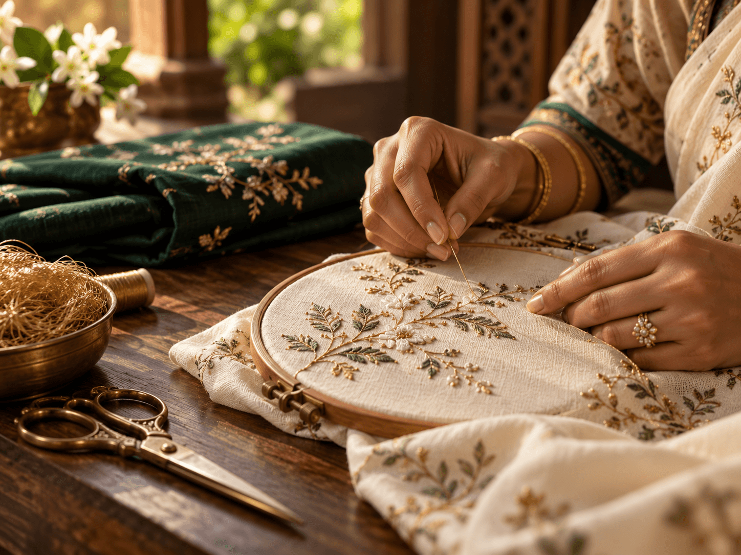 Illustrative close-up of embroidery and fabric at an atelier