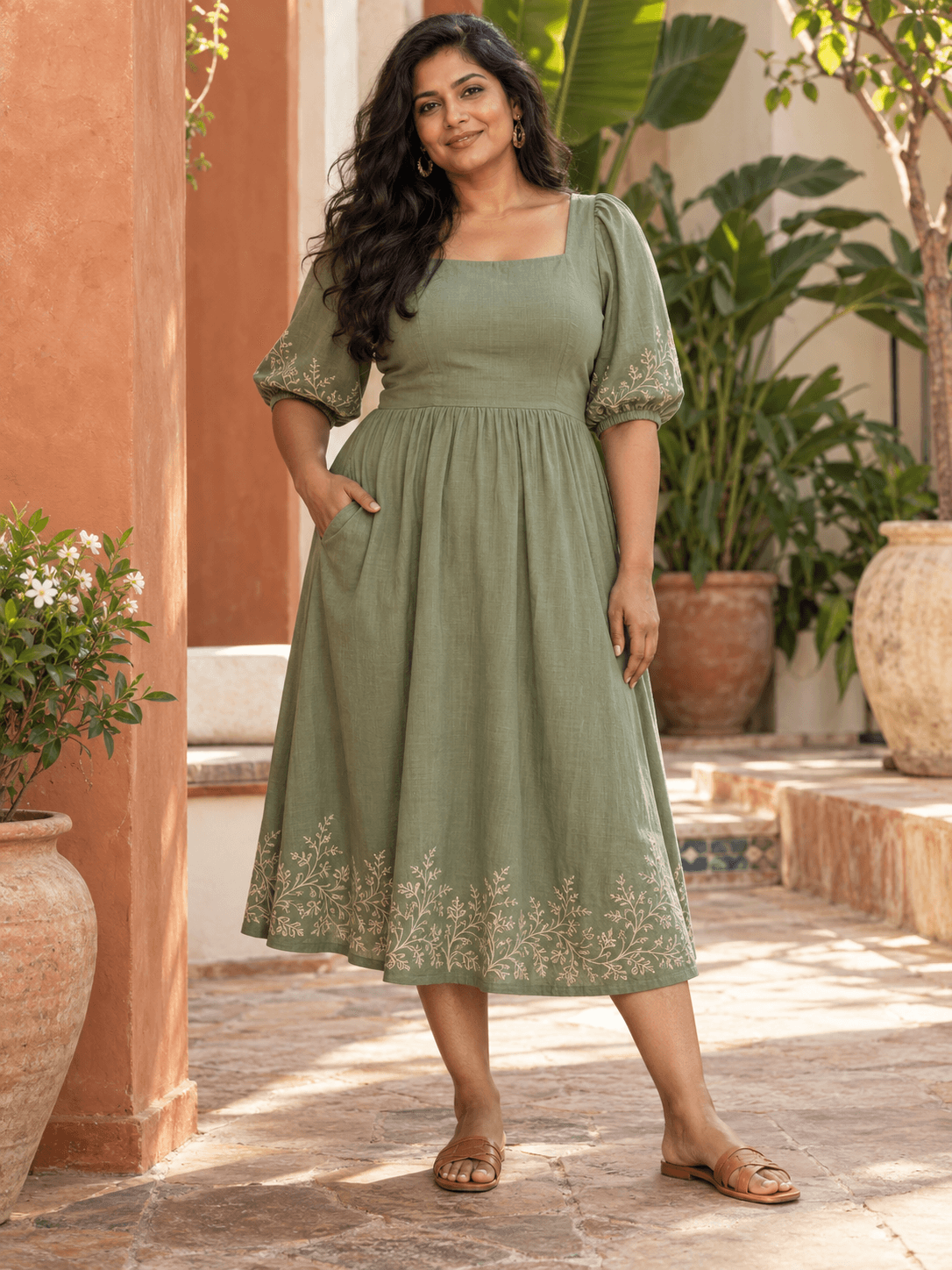 Adult woman modelling an embroidered sage green midi dress in a terracotta courtyard — AI-generated fashion inspiration