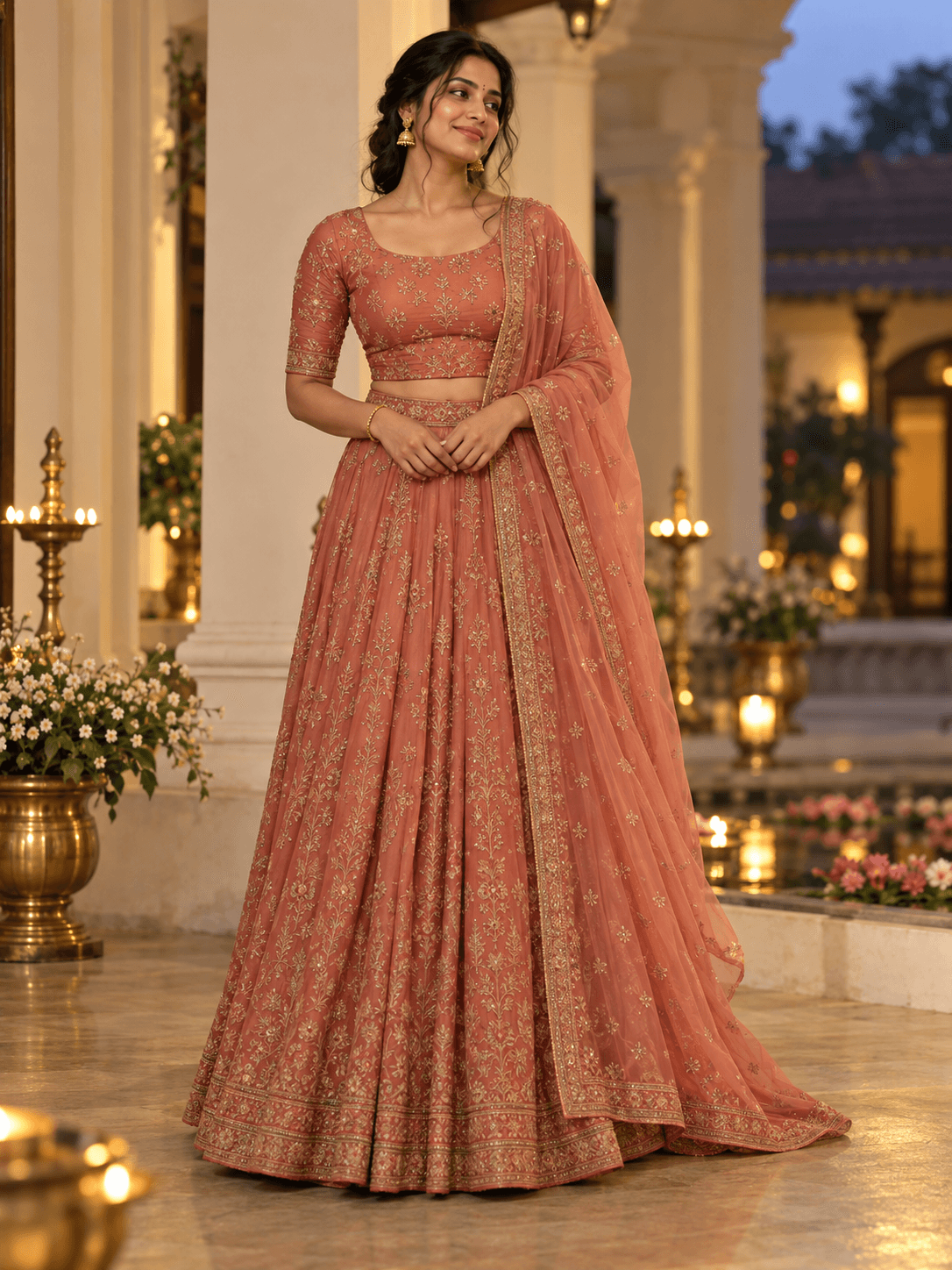 Adult woman modelling a coral festive blouse, long skirt and dupatta in a heritage colonnade — AI-generated fashion inspiration