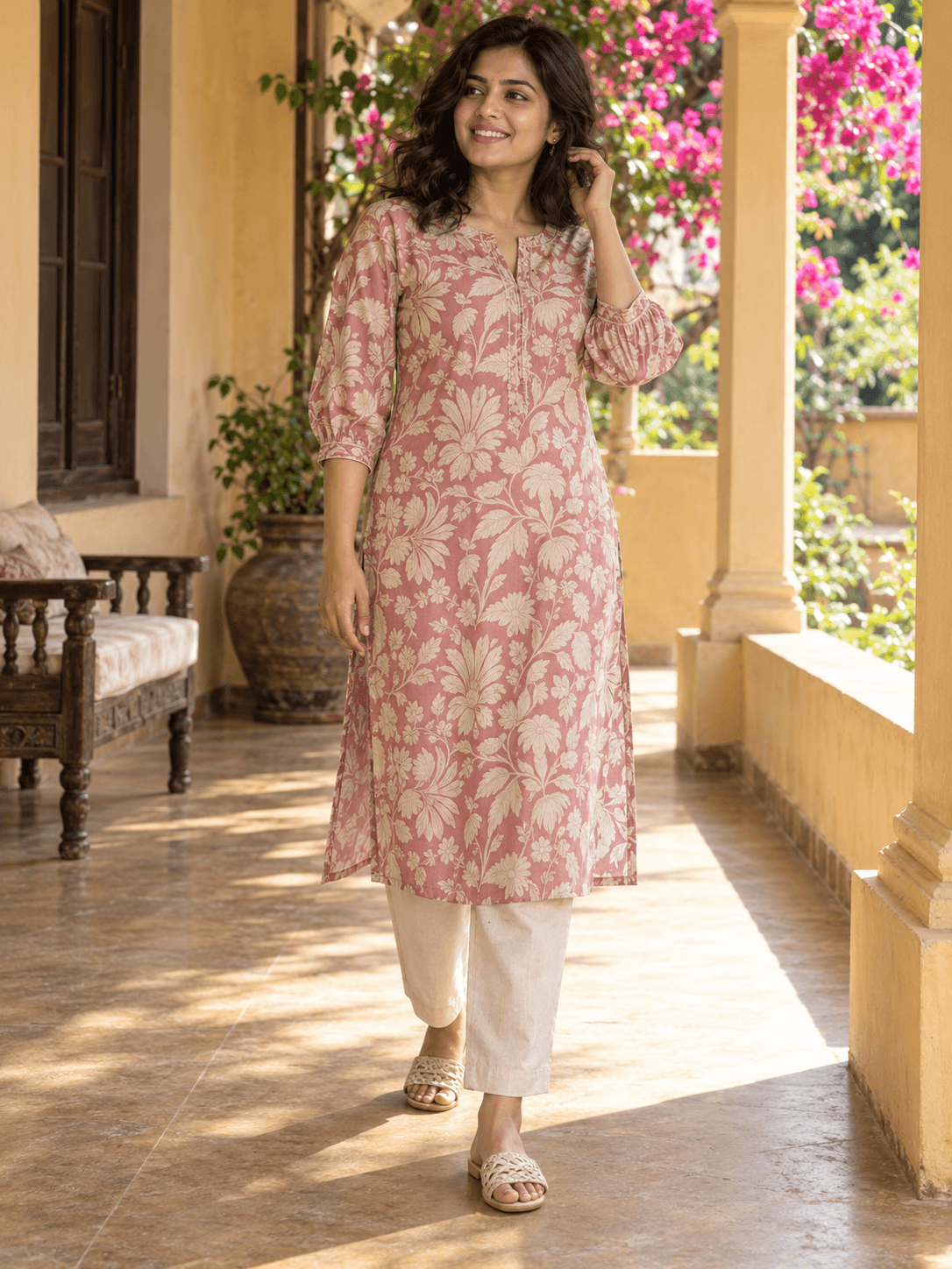 Adult woman modelling a rose botanical kurta and ivory trousers on a flowering veranda — AI-generated fashion inspiration