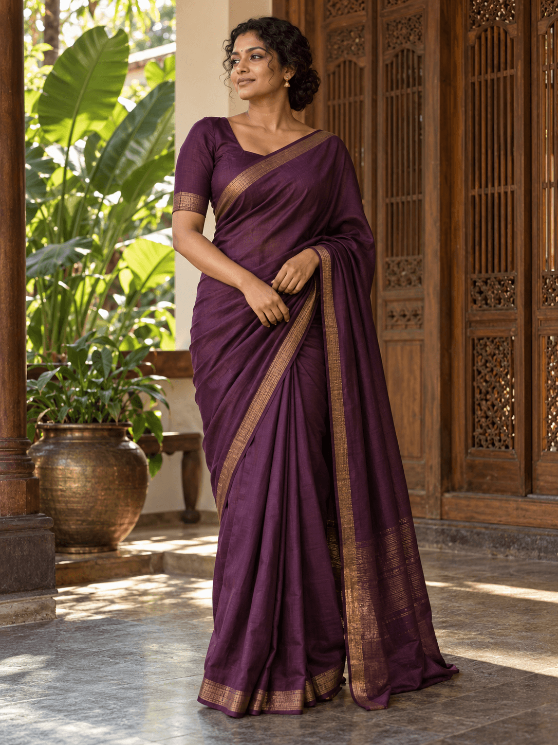 Adult woman modelling a deep plum saree with gold-tone edging beside Kerala timber screens — AI-generated fashion inspiration