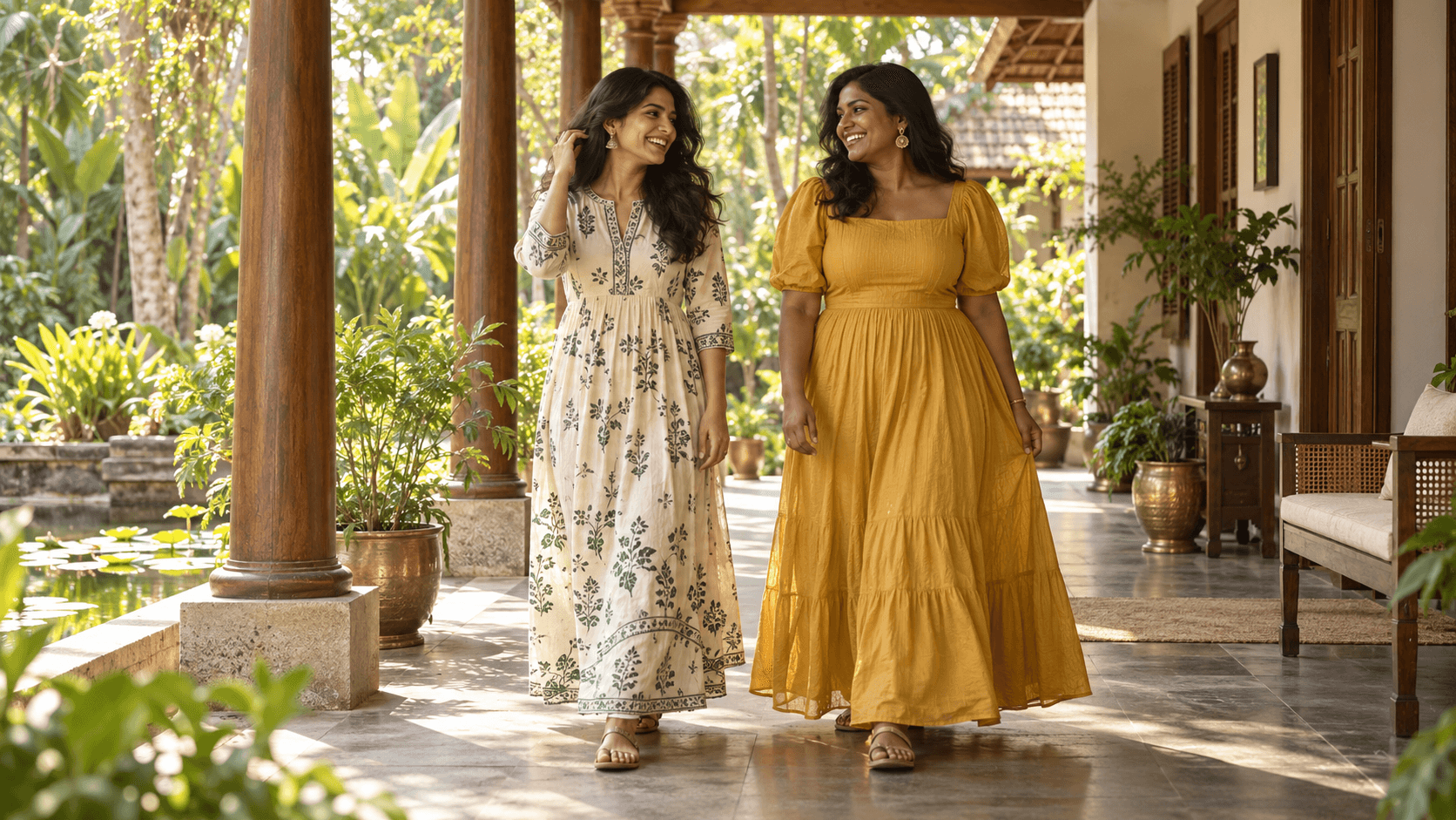 Two adult women in ivory botanical and marigold outfits walking together through a Kerala garden veranda — AI-generated editorial