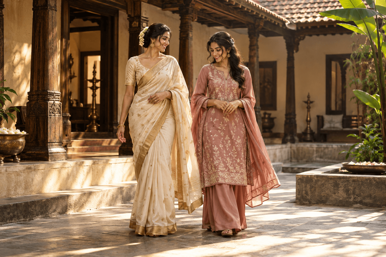 Illustrative Queen Chic editorial: ivory saree and rose kurta in a Kerala courtyard