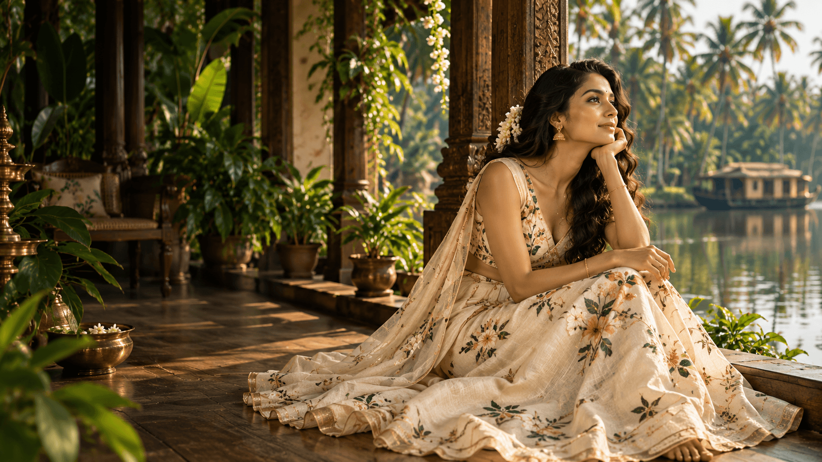Ivory floral dress on a Kerala veranda — illustrative fashion editorial