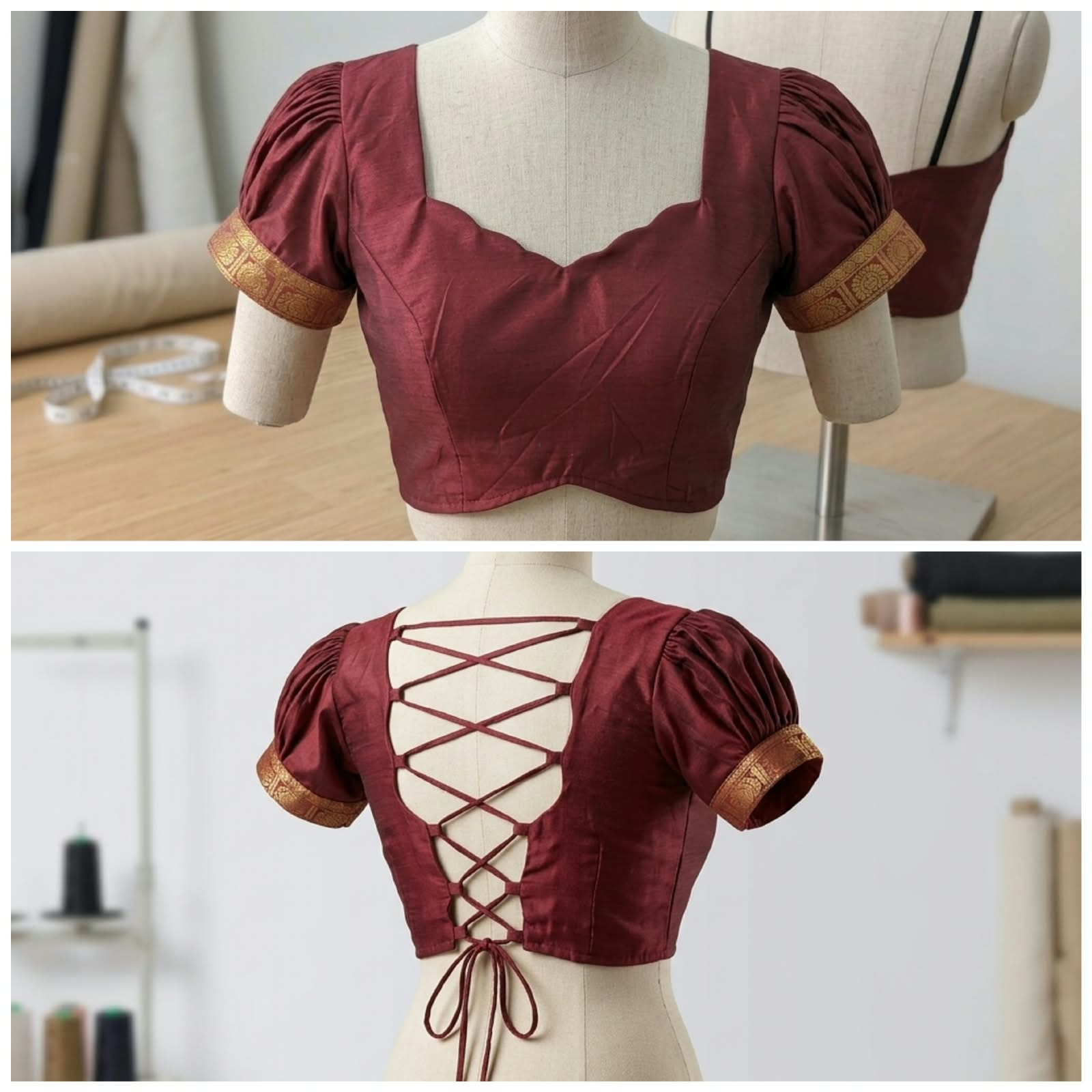 The finishing detail: Maroon, gathered sleeves and a contrasting border.