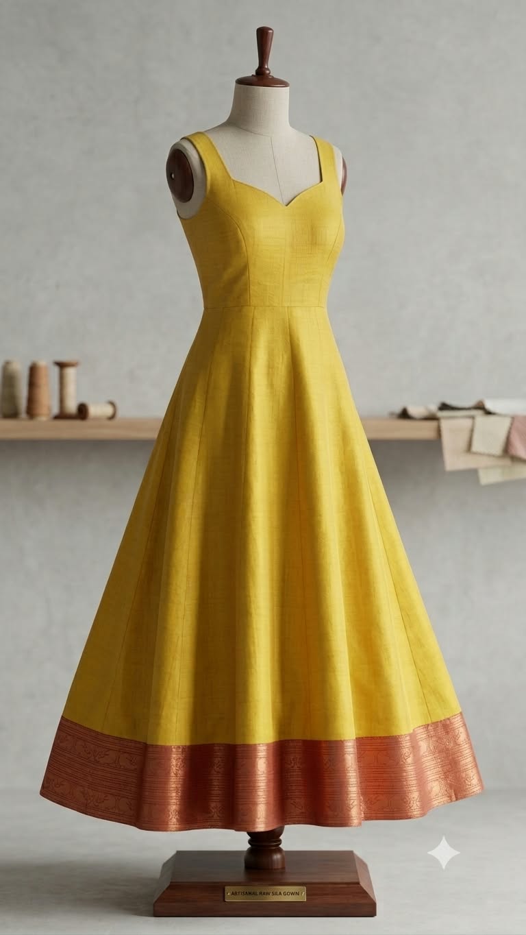 A brighter kind of day: A flowing mustard shape with a deep contrasting hem.